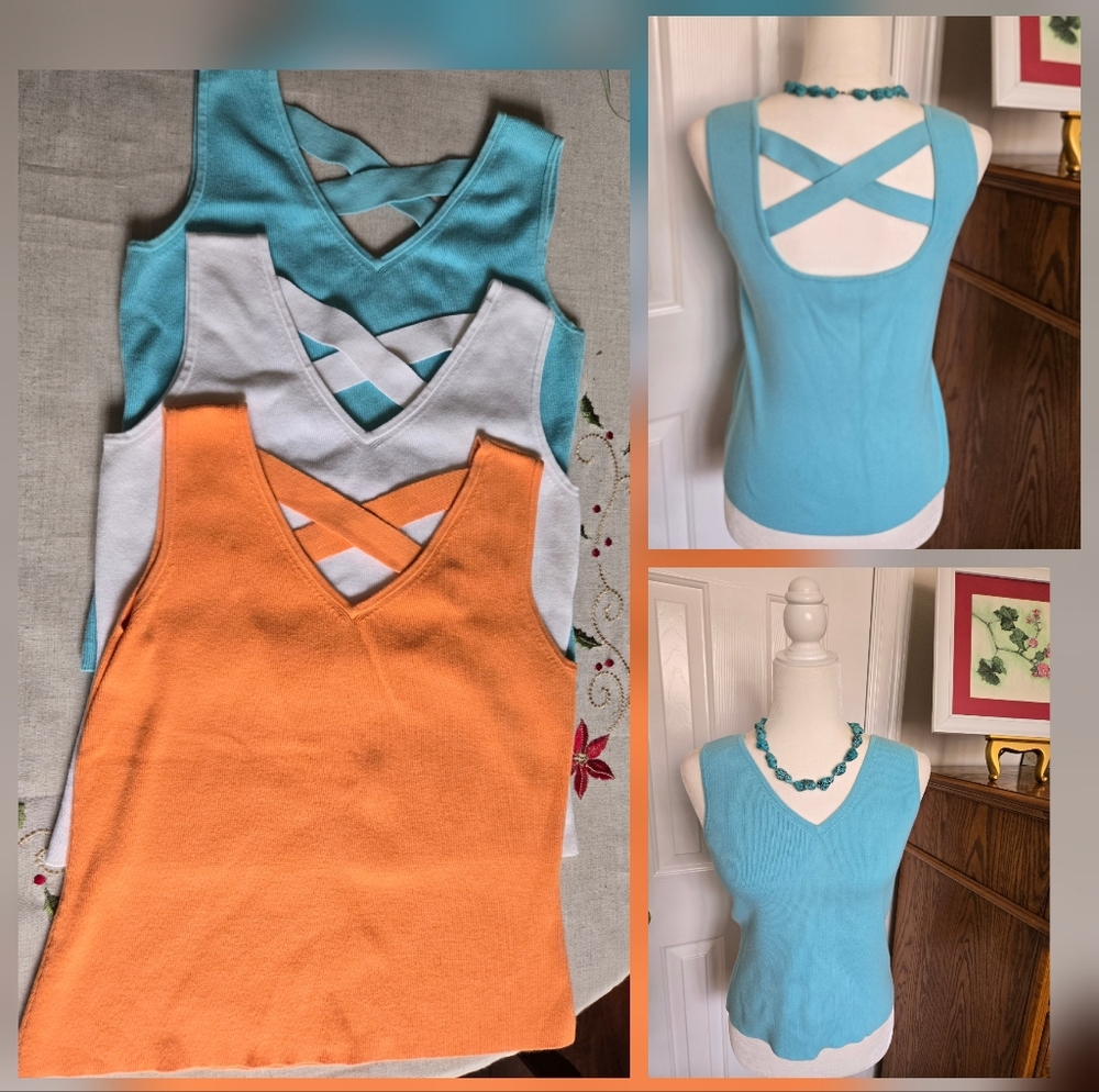 3 Talbots Cross-Back Sleeveless Tops in Orange, White, and Blue